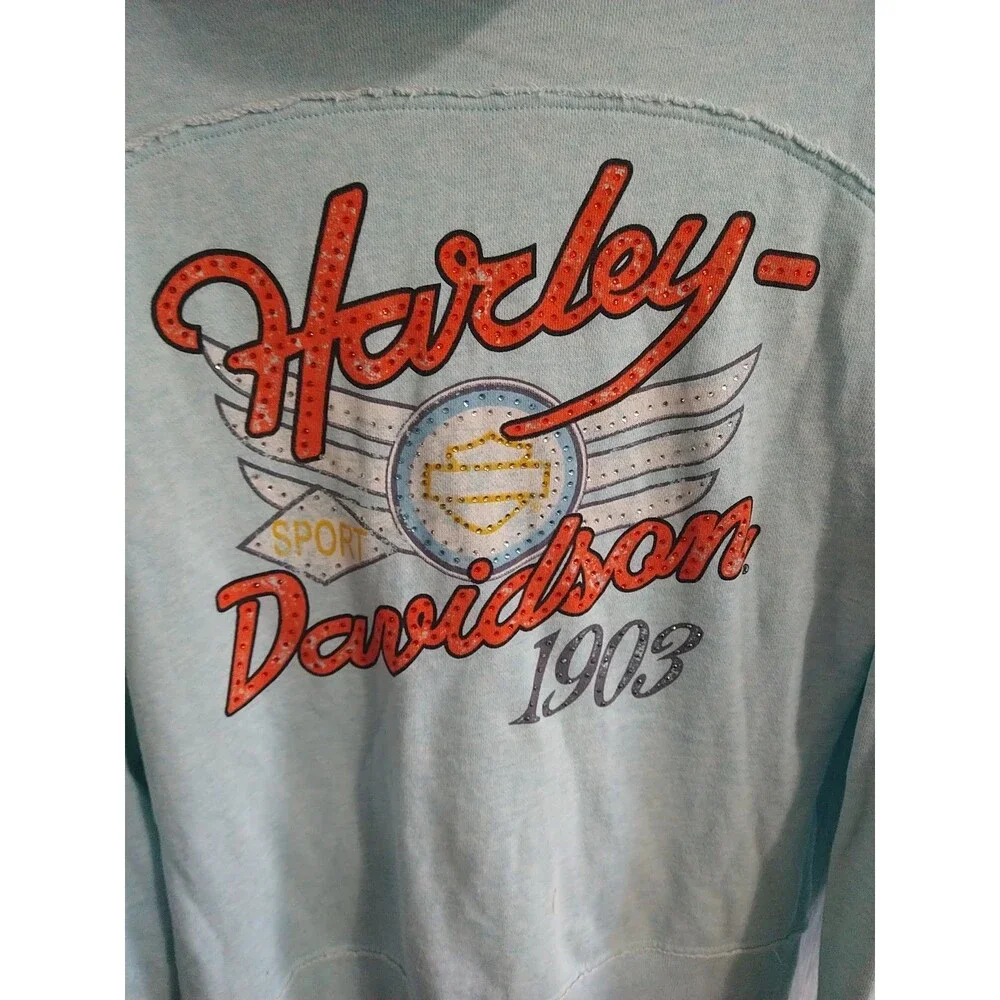Harley-Davidson Rhinestone Hooded Jacket Blue Medium Motorcycle Y2K - Picture 8 of 15